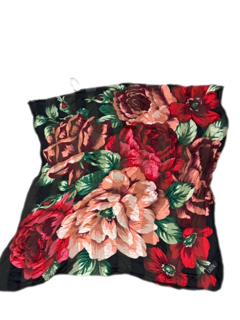 Floral Square Scarf with Red, Pink & Green Blooms